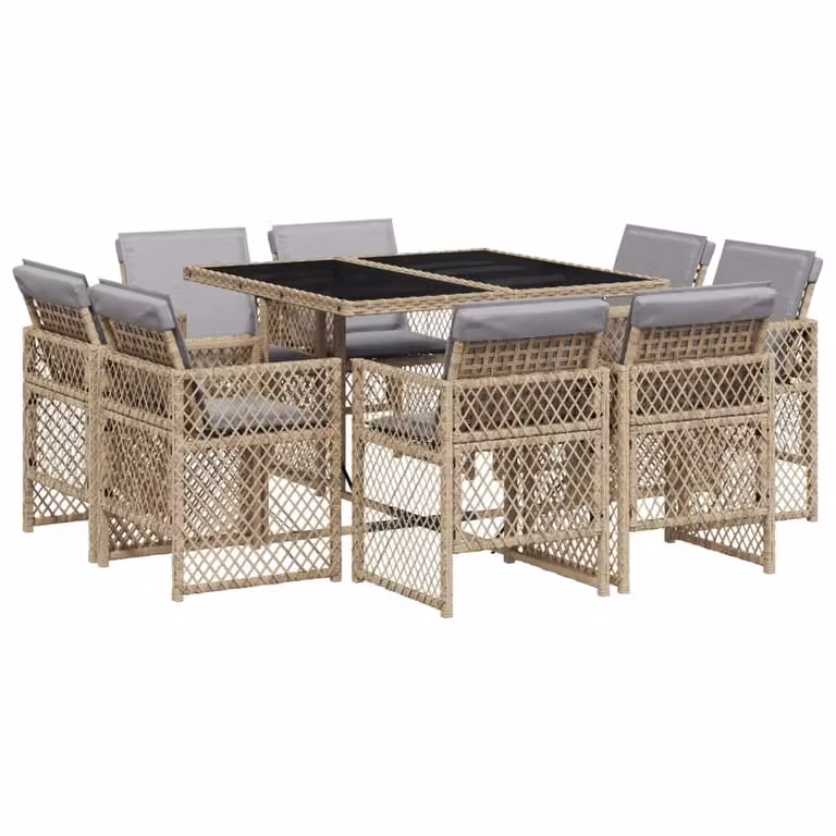 Set Pranzo da Giardino 9 pz con Cuscini Beige Misto Polyrattan