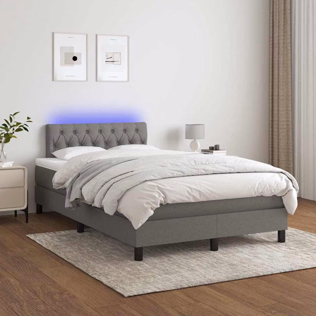 Letto con Materasso a Molle e Illuminazione LED vidaXL in Tessuto Grigio, L 120 x P 200 cm – 1