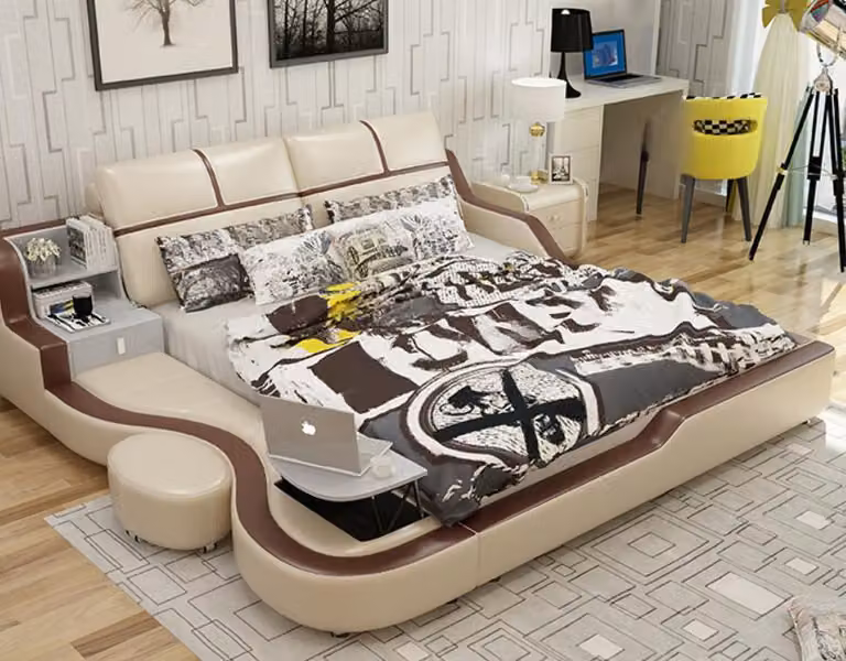 Multifunktions Bett Luxus Design Beige Betten Doppel Regal 180x200cm