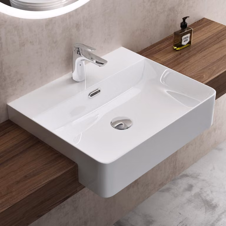 doporro Lavabo Semincasso 50 cm in Vetroceramica Bianco, Lavabo Bagno da Appoggio Rettangolare con Foro Rubinetto e Troppopieno, Rivestimento Nano Brš¹ssel702