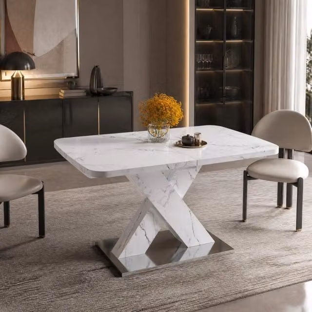 Tavolo da pranzo rettangolare allungabile 120-160 cm con piano in MDF effetto marmo bianco e gambe a X in MDF con base in metallo