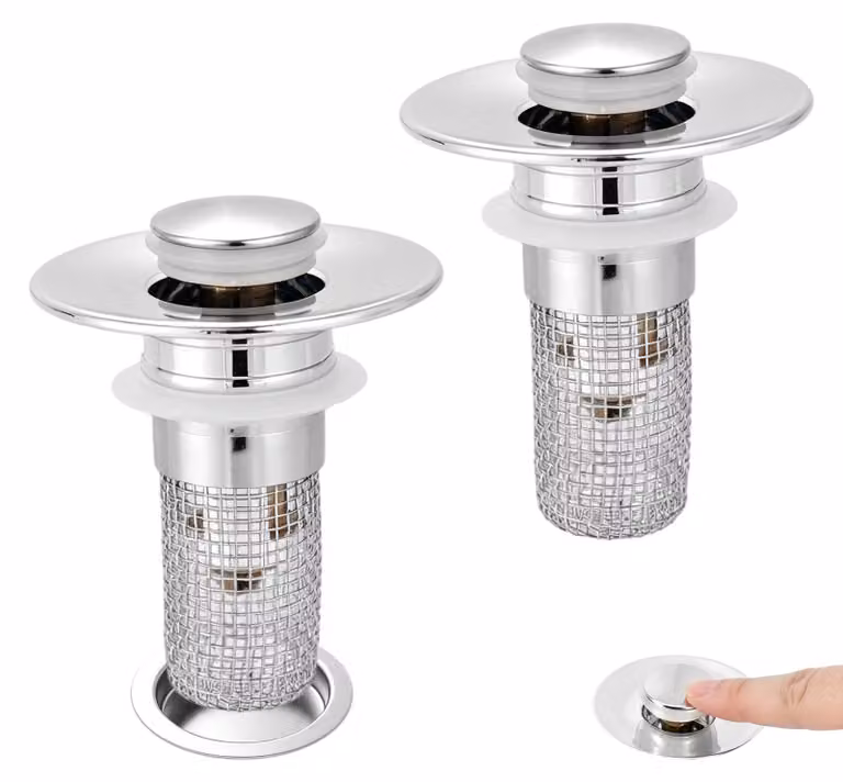 Set di 2 filtri per scarico, tipo a scomparsa, per capelli, in acciaio inossidabile, colore argento
