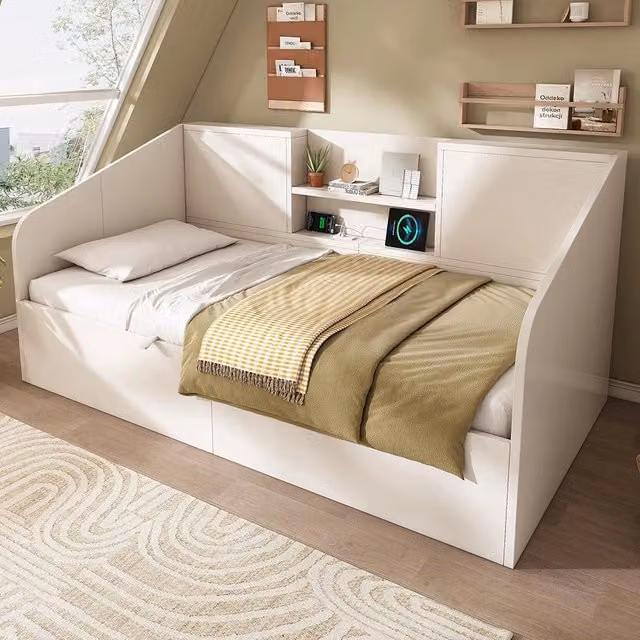 Letto giorno-Xylo-90x190cm legno 2 ripiani USB idraulico bianco senza materasso