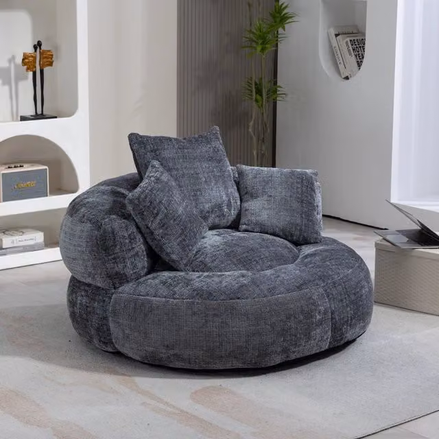Poltrona sacco OKWISH in ciniglia grigia con schienale alto e braccioli per soggiorno e camera da letto L: 108 cm, P: 108 cm, H: 52 cm