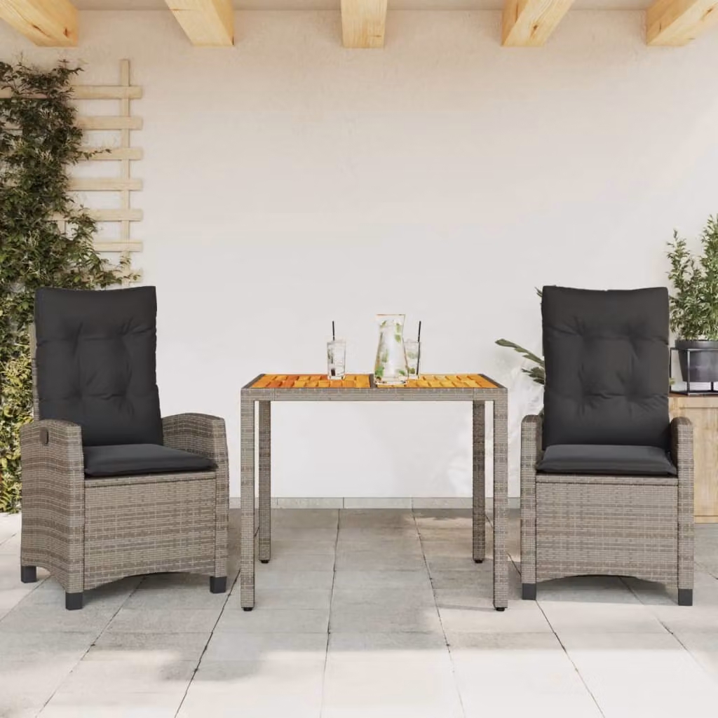 Set da Pranzo da Giardino vidaXL in Polyrattan e Legno di Acacia Grigio con 3 Pezzi e Cuscini