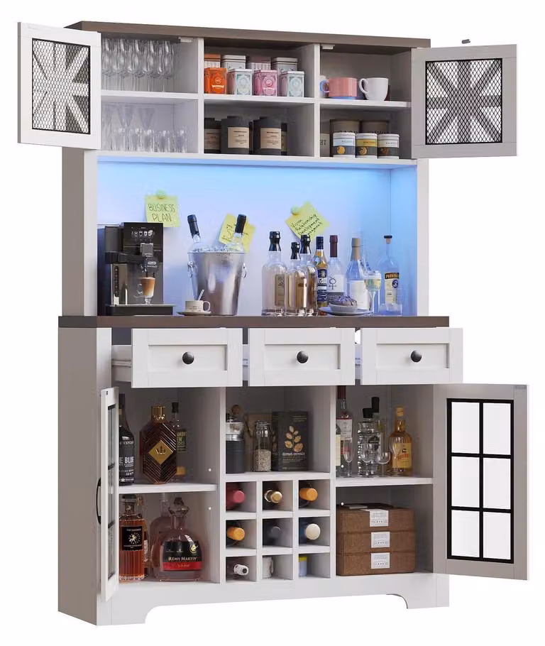 Armadio alto da cucina con illuminazione a LED, cassetti, scaffale per vino, dimensioni 120x40x180 cm, colore bianco