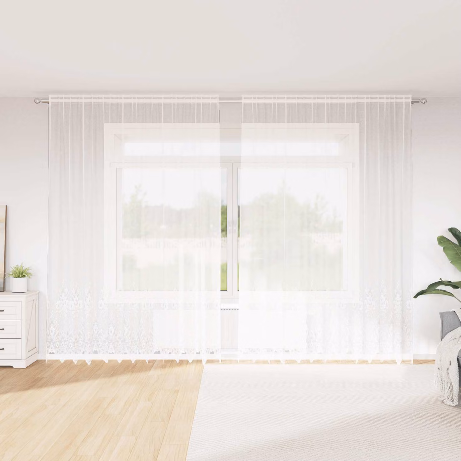 Tenda in pizzo bianca vidaXL con motivo floreale in poliestere, L 300 x H 300 cm