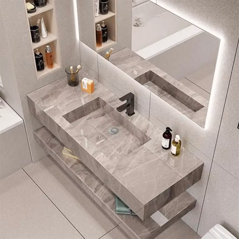 Set per bagno: lavabo, specchio LED, piano di appoggio in sinterizzata, colore grigio, dimensioni 130x55 cm. [YT006-130]
