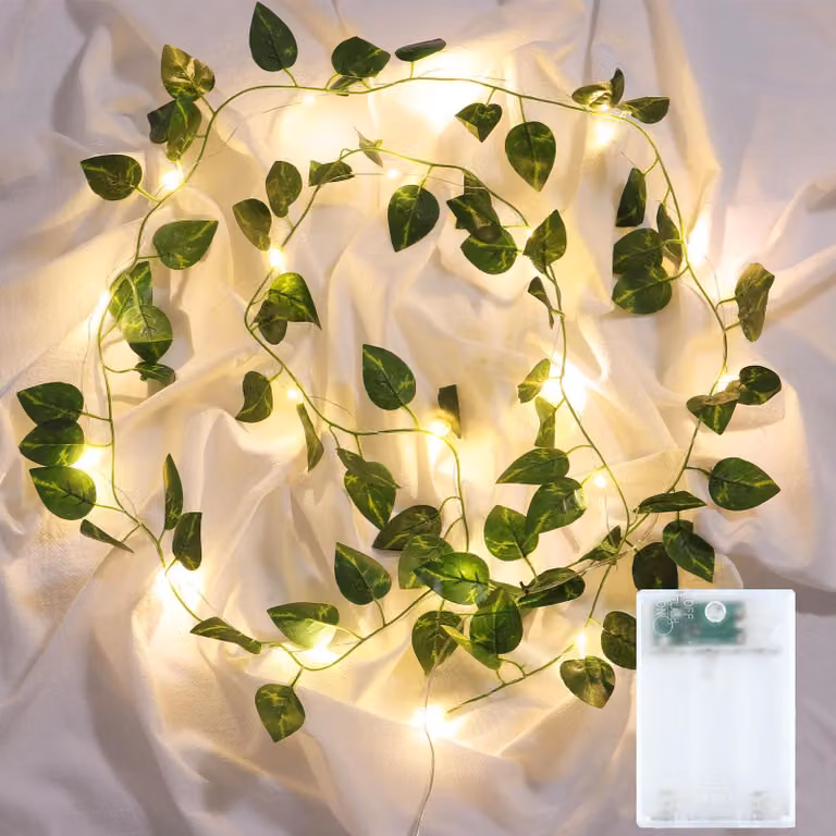Catena luminosa a forma di edera artificiale, lunghezza 2 metri, 20 LED, luce bianco caldo, alimentazione a batteria