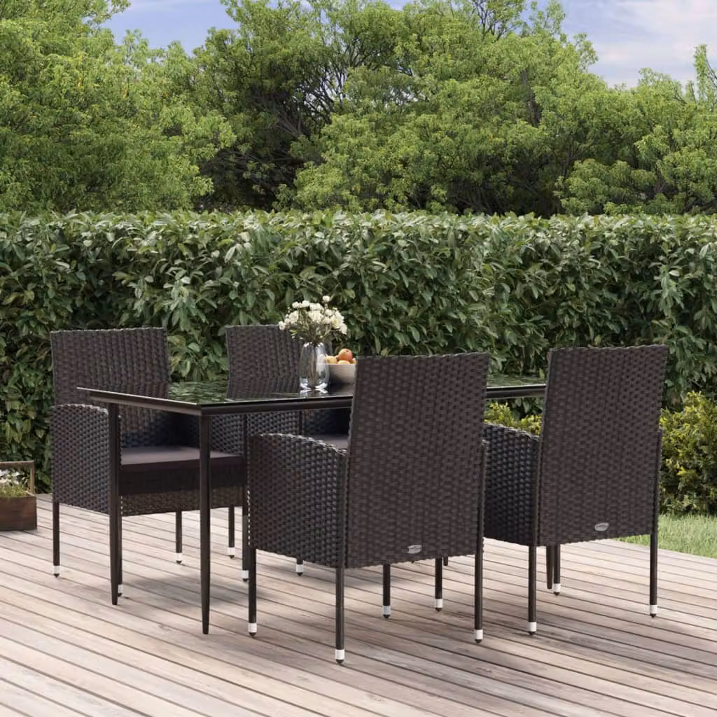 Set da pranzo da giardino vidaXL in rattan e vetro nero e grigio con 5 pezzi