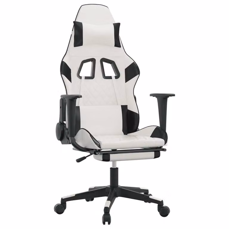 Sedia da Gaming con Poggiapiedi Bianco e Nero in Pelle finta
