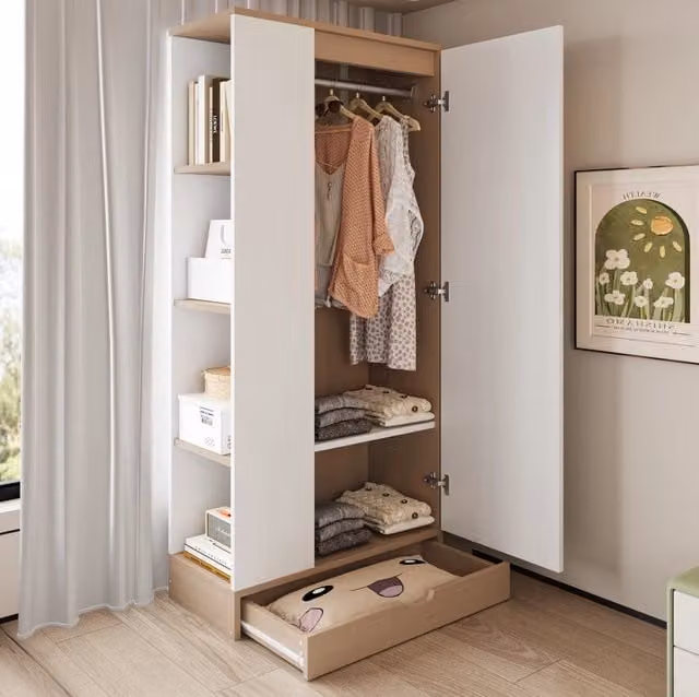 Armadio a 1 anta con ripiani e cassetti, 70×40×170 cm, legno naturale e bianco