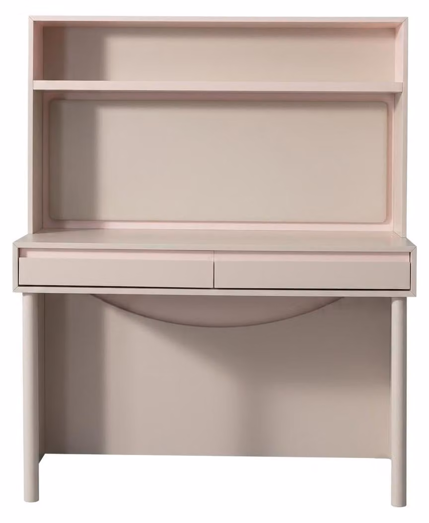 Scrivania beige in legno, design moderno, con scaffali, adatta per una postazione computer, ideale per una camera da letto per adolescenti