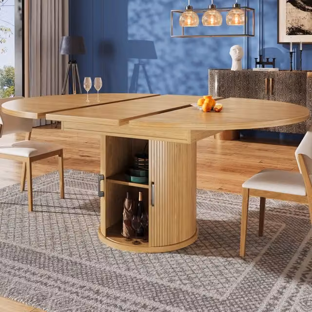 Tavolo da pranzo allungabile in MDF effetto noce, rotondo da 118 cm a ovale da 158 cm, fino a 6 posti