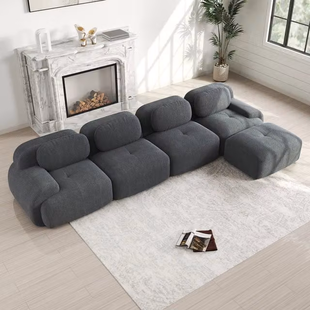 Divano angolare 4 posti modulare senza struttura in velluto a coste grigio con chaise longue 388x178x70 cm