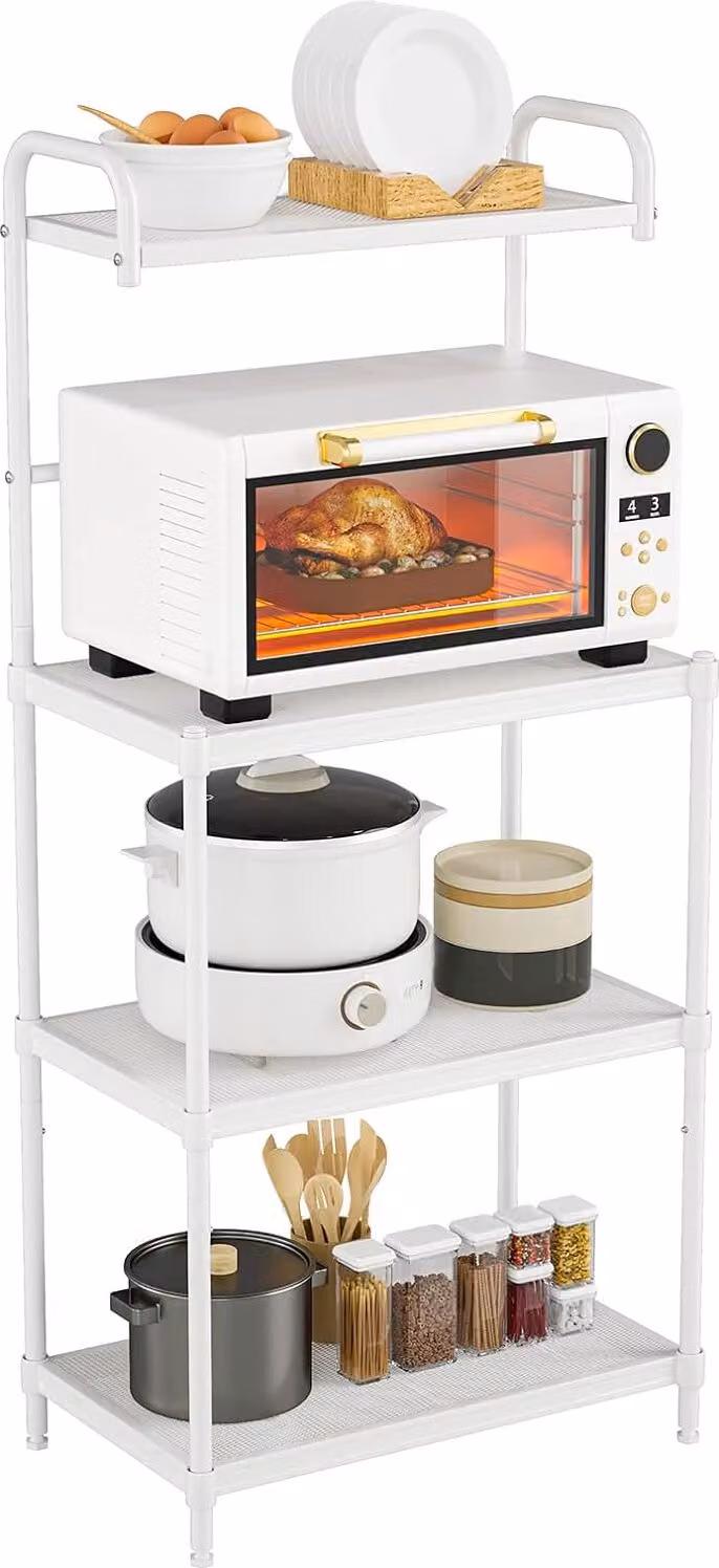 KOMFOTTEU Scaffale da cucina a 4 ripiani, scaffale in metallo per microonde, scaffale da terra 59x34x136 cm, supporto per microonde, scaffale multifunzionale indipendente per cucina e sala da pranzo (bianco)