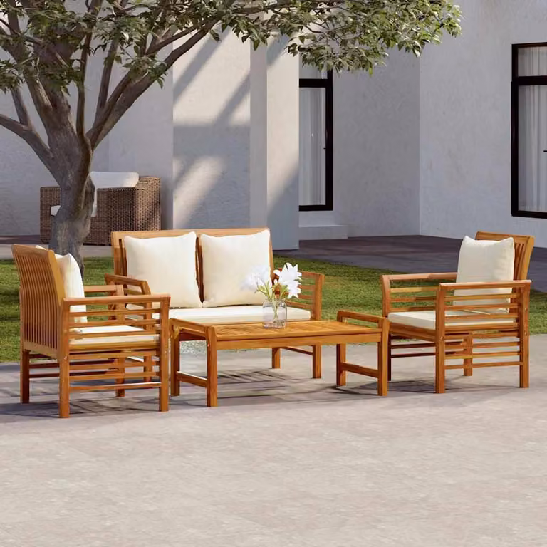 vidaXL Set Salotto da Giardino 4pz in Legno di Acacia con Cuscini Marroni e Bianchi
