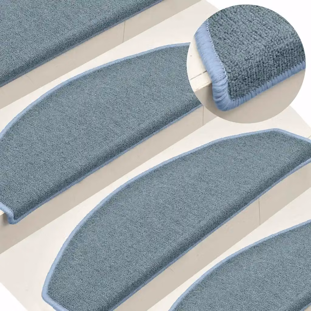 Set di 15 tappetini per scale semicircolari vidaXL in velour blu mare, antiscivolo e fonoassorbente, L: 65 cm, P: 24 cm, H: 4 cm