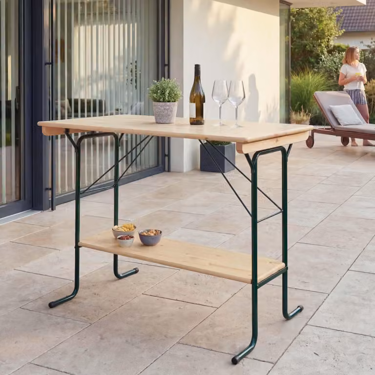 Tavolo da bar HWC-L67, tavolo da giardino tavolo da birra tavolo da tenda tavolo da campeggio, pieghevole in metallo legno di pino 110x125x70cm