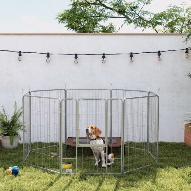 Recinto per cuccioli in acciaio inox 100 cm di altezza, 8 pannelli con porta e cinghia, area gioco per cani di taglia piccola e media, conigli e porcellini d'India, colore argento