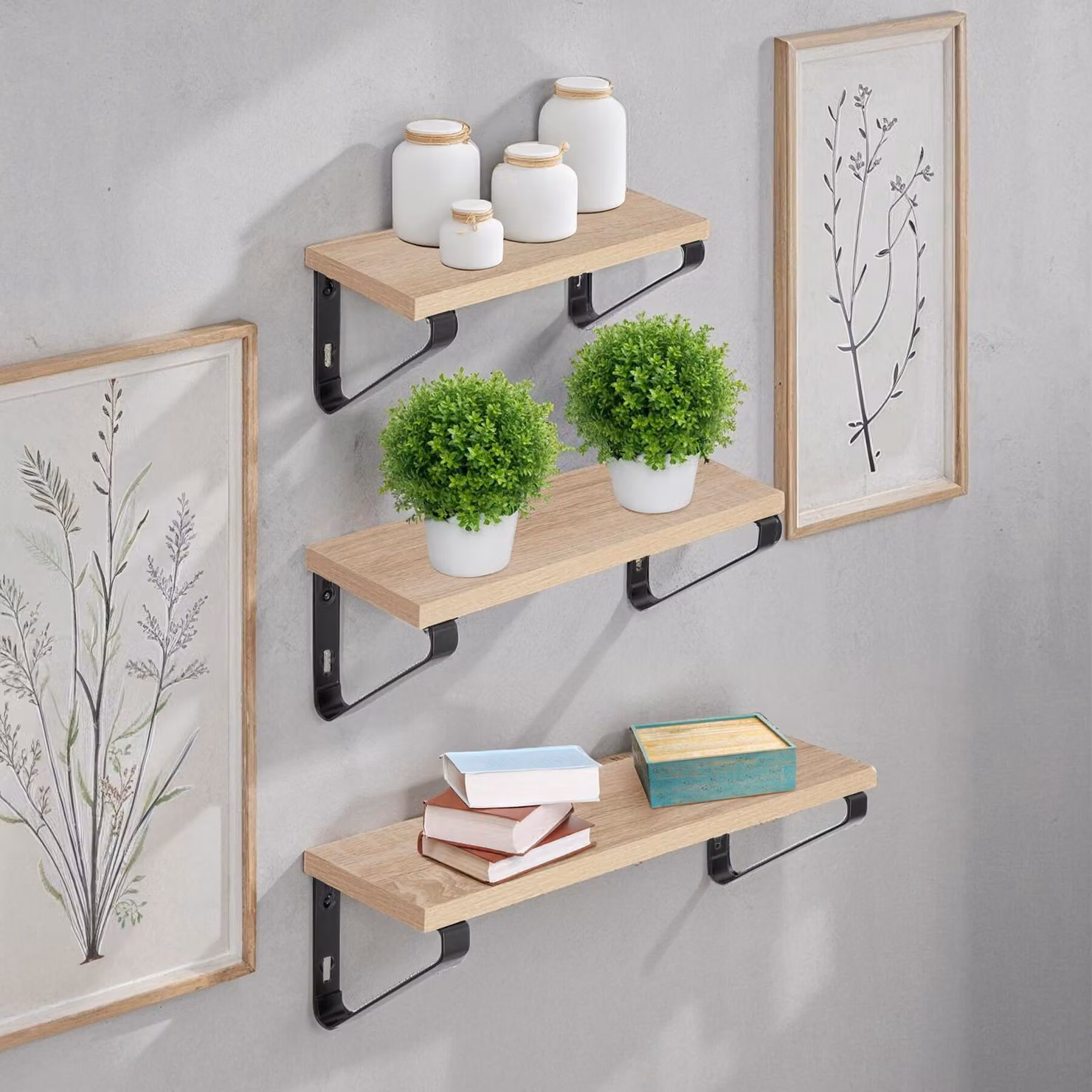Set di 3 mensole sospese Tectake in stile industriale, legno rovere Sonoma e metallo marrone – 2