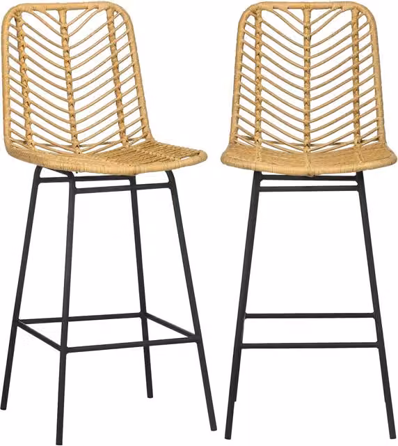 Set di 2 sgabelli da bar XYLO in stile boho con rattan PE e poggiapiedi, colori giallo e nero, H 102 cm x L 42,5 cm x P 52 cm