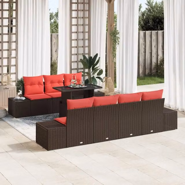 Set Divano da Giardino 8 pz 7-Numero di posti Marrone e Rosso 3357867
