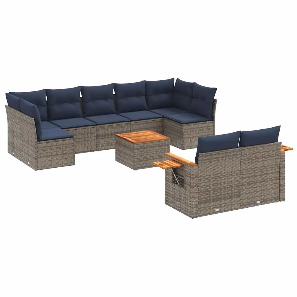 Set di divani da giardino vidaXL in polyrattan con cuscini grigi e blu, composto da 10 pezzi con tavolino e sedute imbottite per esterno – 2