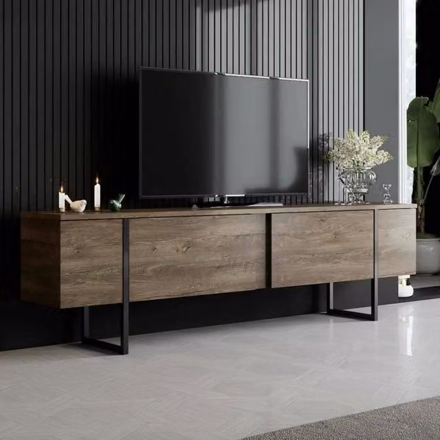 Mobile porta TV moderno DMORA con cassetti in legno e metallo, Marrone e Nero, L: 180 cm, P: 30 cm, H: 50 cm – 1