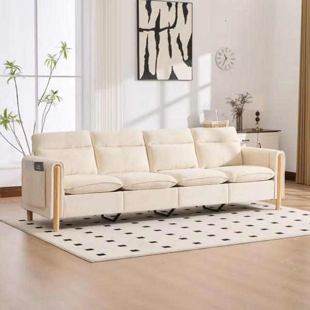 Divano panoramico modulare a 4 posti in ciniglia beige con 2 pouf contenitore e gambe in legno L: 261 cm, P: 77 cm, H: 86 cm
