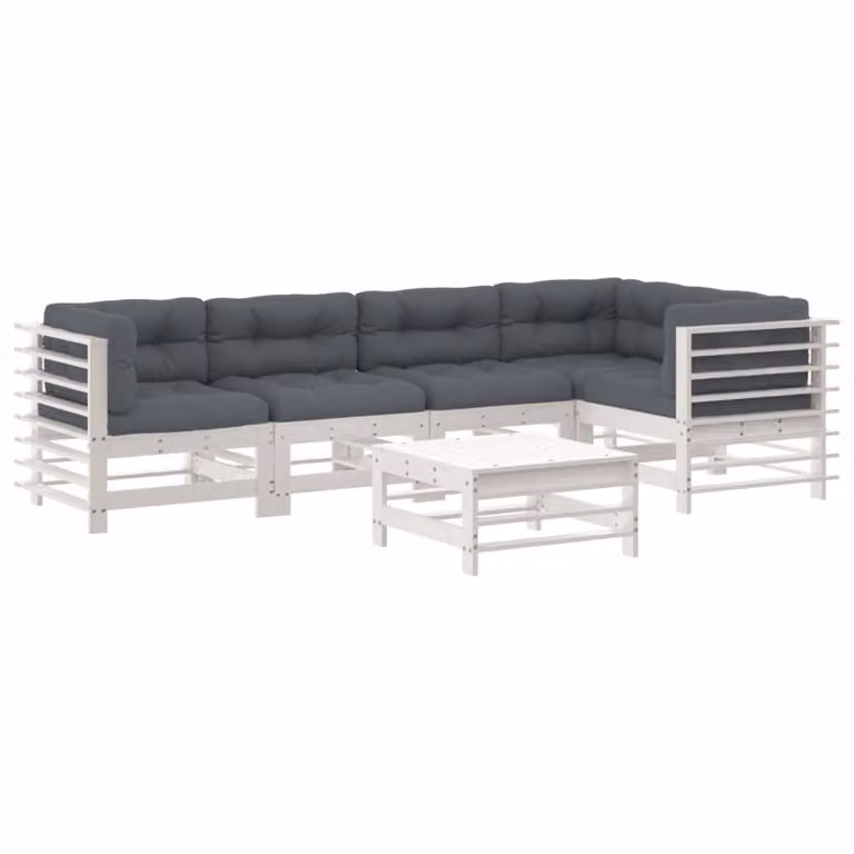 Set Divani da Giardino 6pz con Cuscini in Legno Massello Bianco