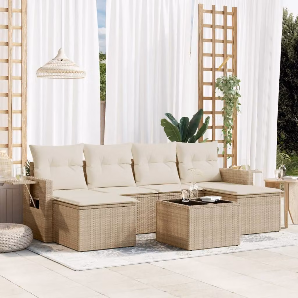 vidaXL Set Divani da Giardino 7 pz a L in Polyrattan con Cuscini Beige e Tavolino – 1