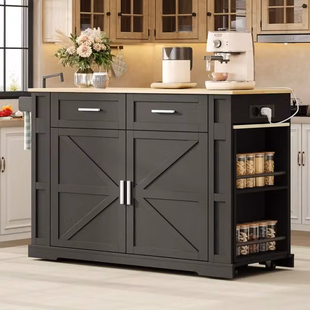 Isola da cucina moderna con piano estraibile in MDF nero e naturale L/P/H: 130 x 50 x 93 cm