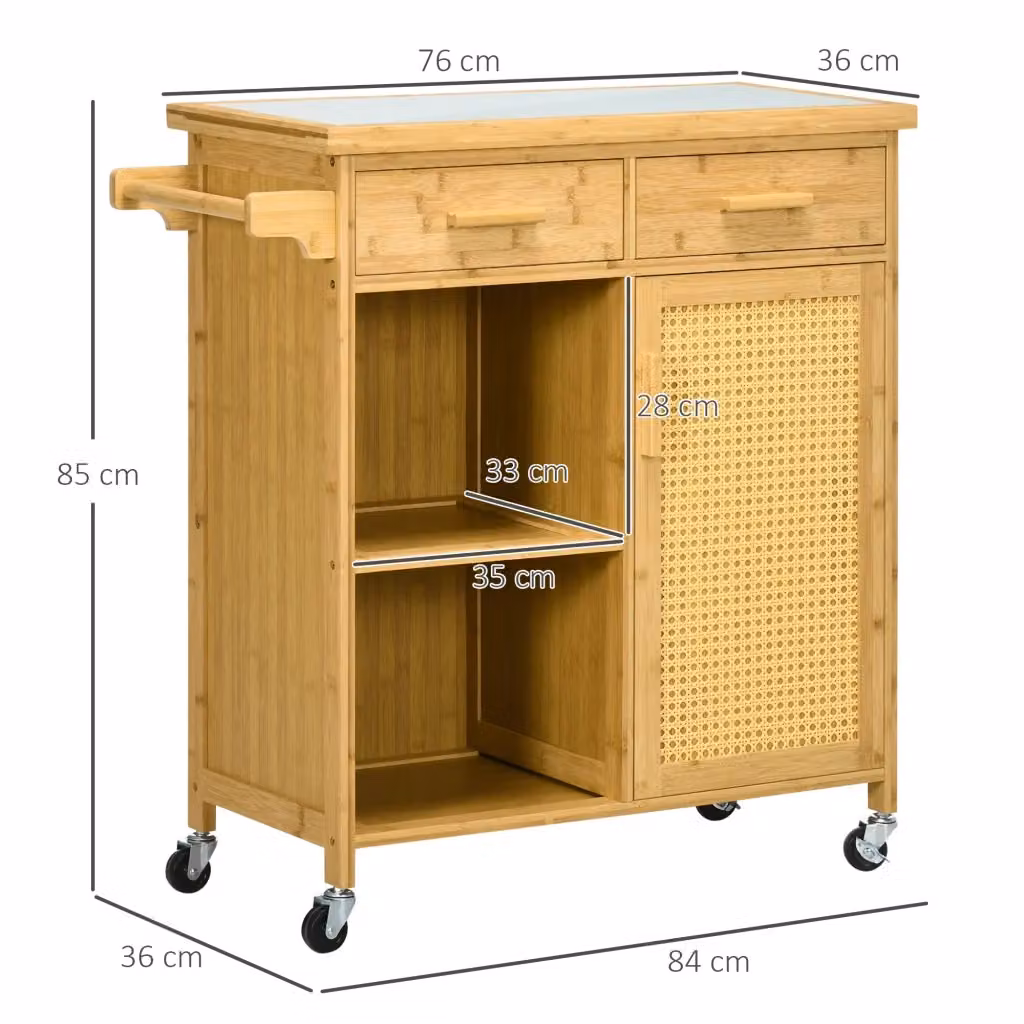 Carrello da cucina WISHDOR in bambù e vetro, stile boho, colore marrone e beige, con cassetti, ripiani aperti e armadietto, L: 85.0 cm, P: 50.0 cm, H: 84.0 cm – 2