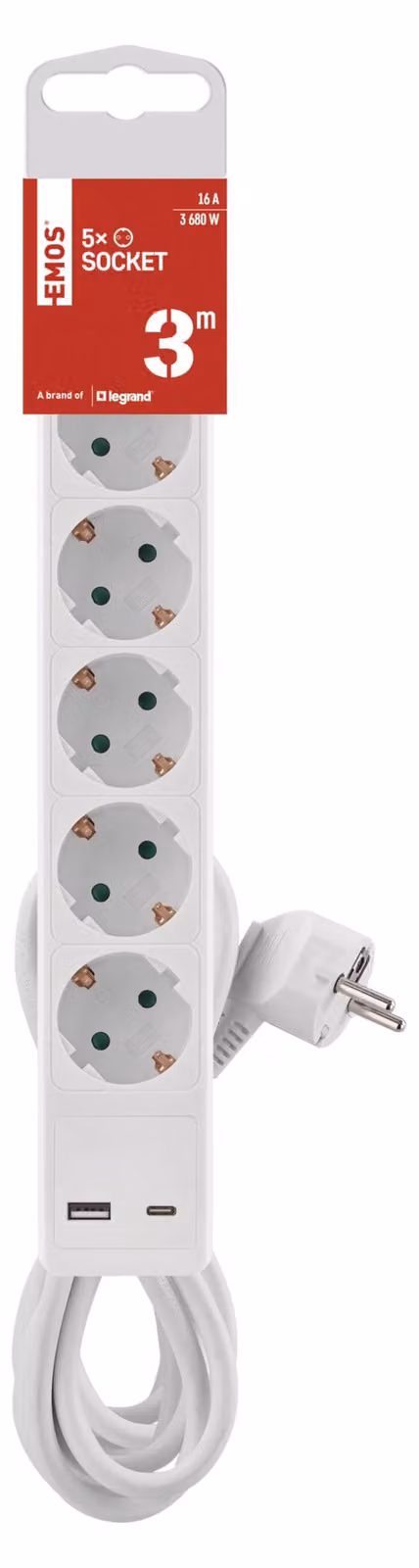 Presa EMOS a 5 vie con USB e interruttore per interni, adatta al montaggio a parete, 5x prese, 1x USB C, 1x USB A, cavo da 3 m, bianco, P1523CU