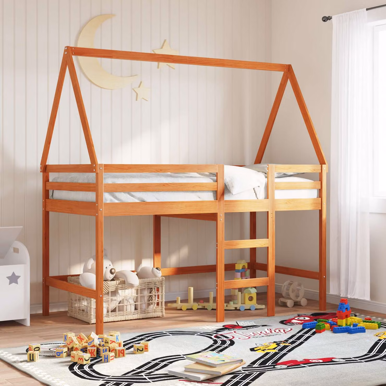 Struttura per letto a soppalco singolo vidaXL in legno di pino marrone cera L 190 cm x P 90 cm x H 199 cm