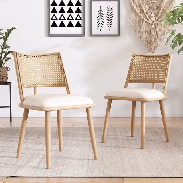 Set di 2 sedie da pranzo WISHDOR in rattan e metallo con seduta in ecopelle beige per soggiorno e sala da pranzo