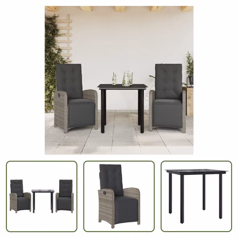 The Living Store Set bistrot 3 pezzi con cuscini in poly rattan grigio