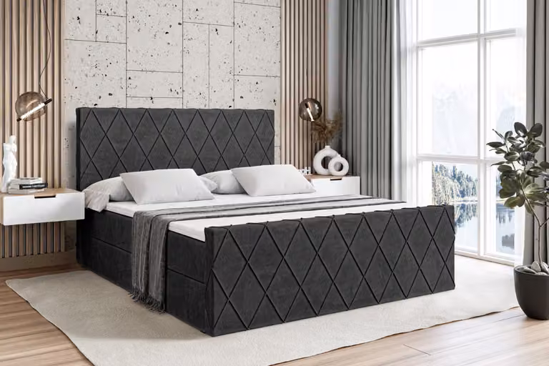 Letto boxspring ALTDECOR con pediera, materasso H4 e topper - 160x200 cm - LEPARO-Z - Velluto nero - Letto imbottito con contenitore e rete a doghe, letto con spazio contenitivo