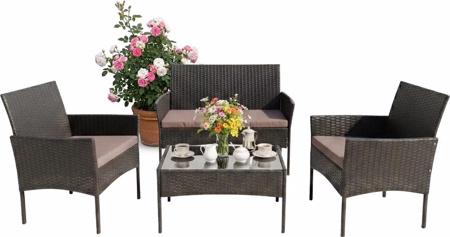 Set di mobili da giardino Relaxdays, set da salotto in rattan da 4 pezzi, per 4 persone, panca, poltrona e tavolo in vetro, mobili da relax, da esterno, nero