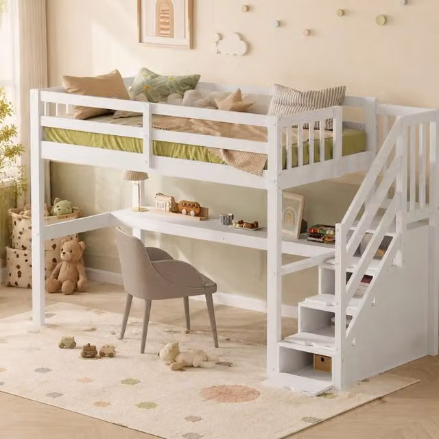 Letto a soppalco in legno di pino bianco 90x200 cm con cassetti contenitori e scrivania integrata