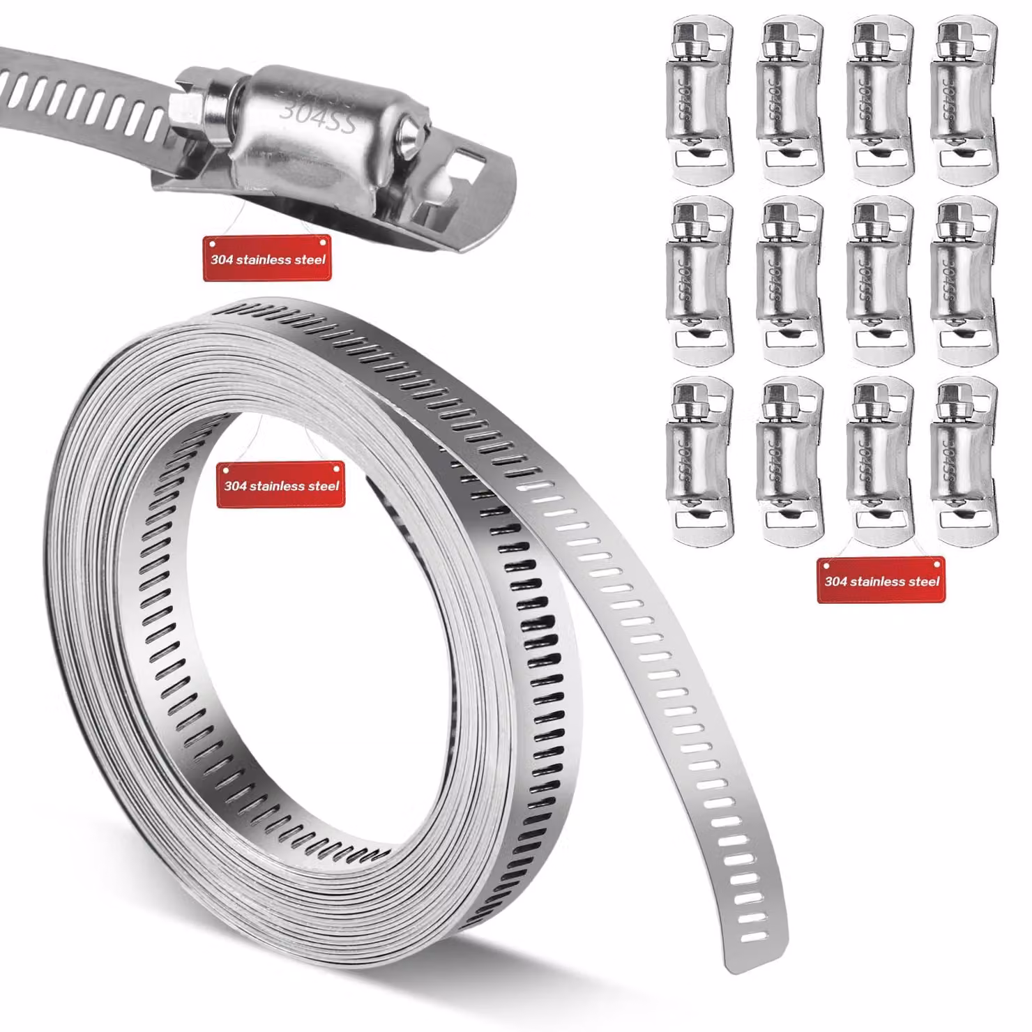 Set di fascette per tubi, lunghezza 5 metri, acciaio inossidabile 304, regolabili, 12 fascette