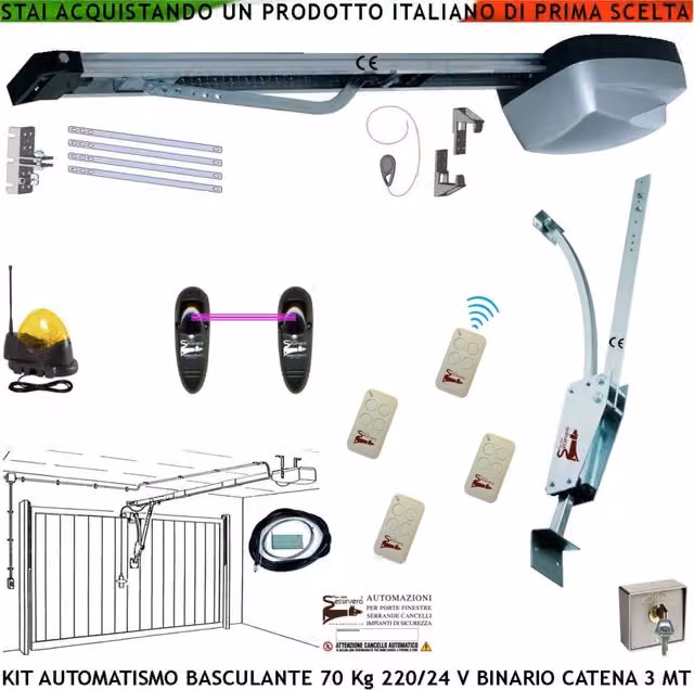 Kit Automazione Securvera per Cancello Basculante da Soffitto 220/24 V, Carico 70 Kg, Colore Grigio, con 4 Radiocomandi, Binario in Alluminio e Catena in Acciaio da 3 Metri