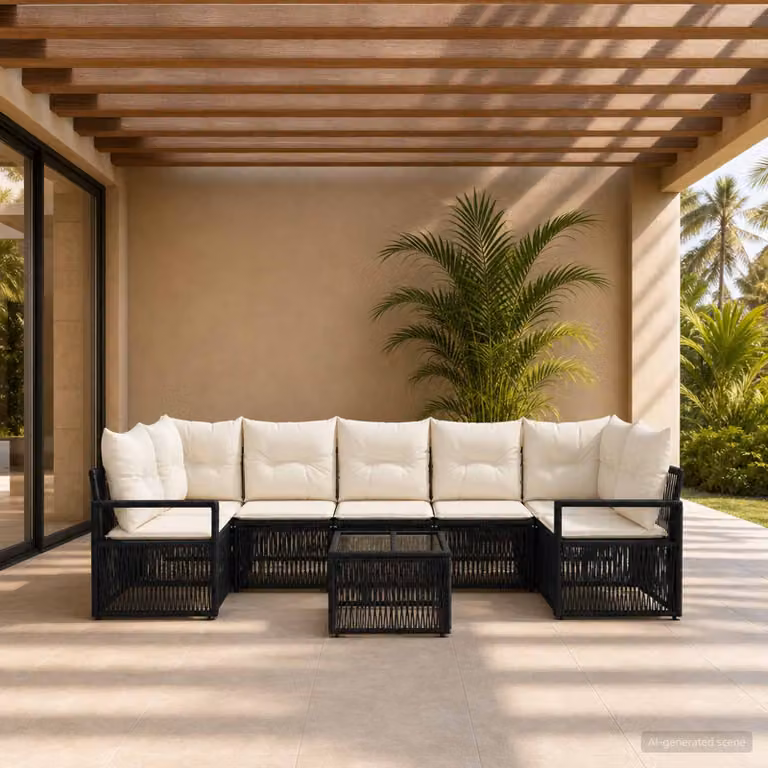 Set Divano da Giardino vidaXL 8 Pezzi a Forma di U in Polyrattan Nero con Cuscini e Tavolino da Caffè