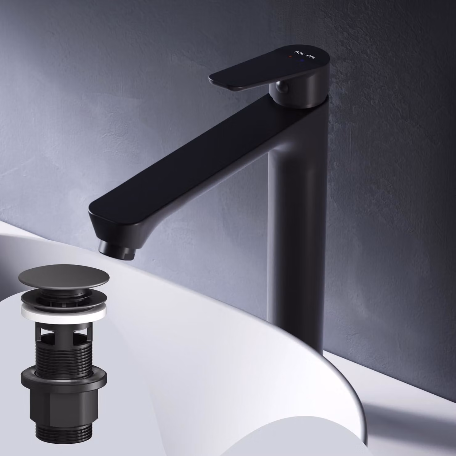 Rubinetto per lavabo, finitura nera opaca, bocchetta da 193 mm, installazione a foro singolo, completo di gruppo di scarico