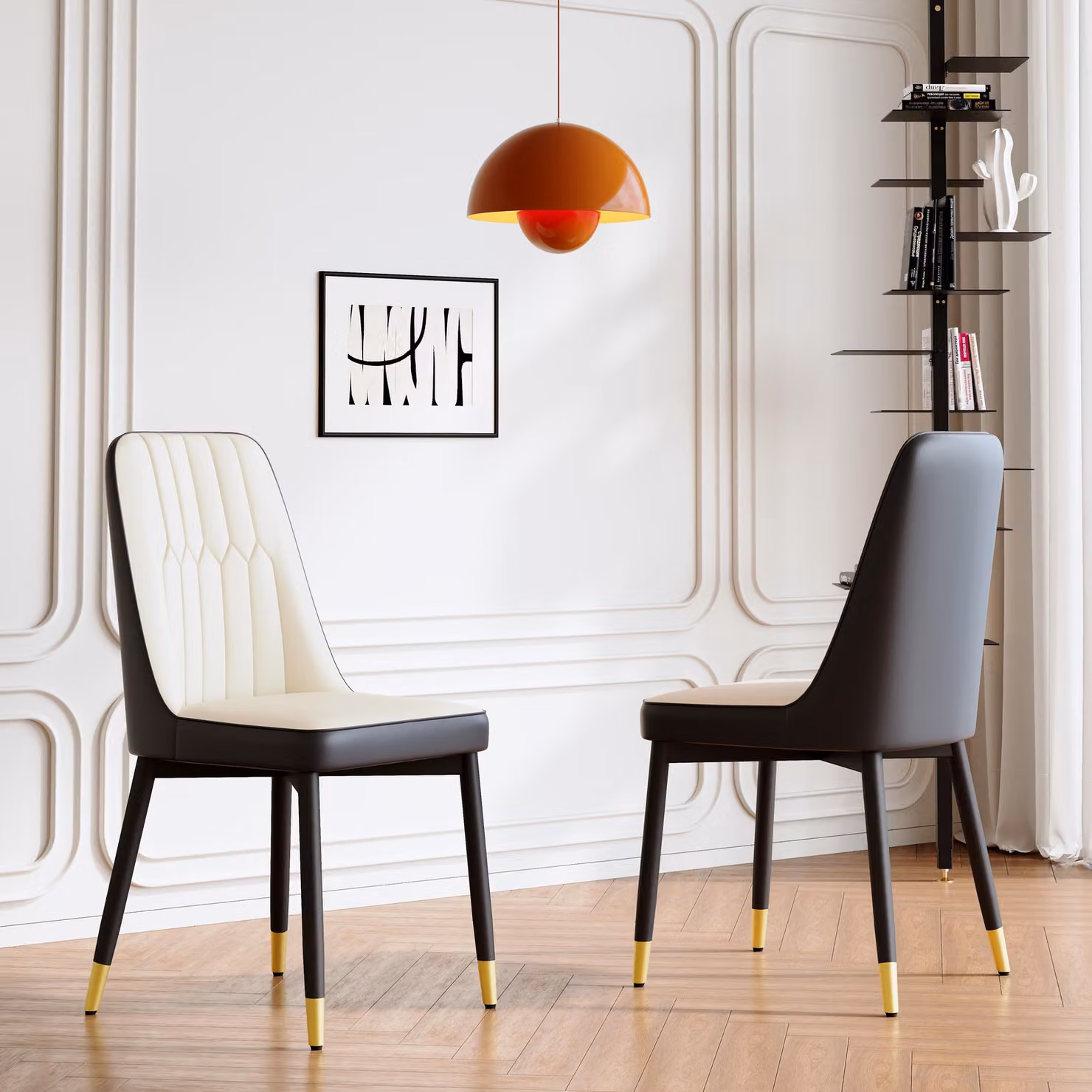 Set di 2 sedie da pranzo, in ecopelle, con gambe in metallo, adatte per la sala da pranzo/cucina (bianco e nero)