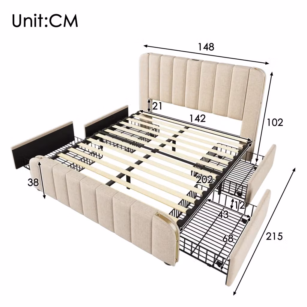 Letto imbottito moderno KOMHTOM beige con cassetti e porta USB L/P/H: 140 x 200 x 101 cm – 2
