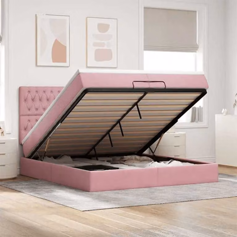 Letto matrimoniale con contenitore e base a sollevamento vidaXL in velluto rosa e bianco, L 200 x P 200 x H 280 cm