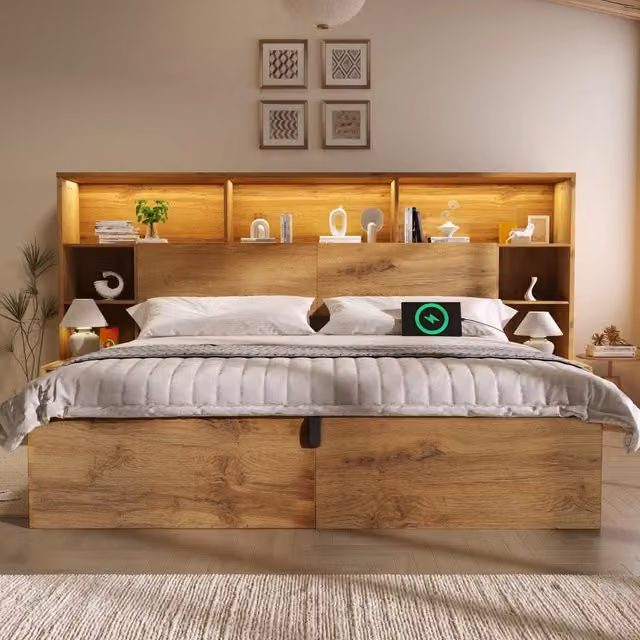 Letto contenitore Mivray con comodini integrati, illuminazione LED e porte USB, finitura rovere e tessuto marrone, L/P: 160 x 200 cm