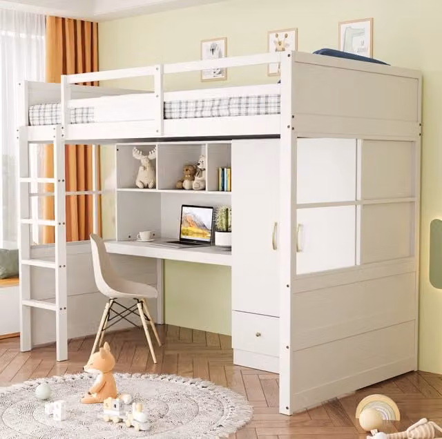 Letto a Castello 90x200 cm con Scrivania, Armadio e Cassetti in Legno Bianco e Naturale per bambini e ragazzi